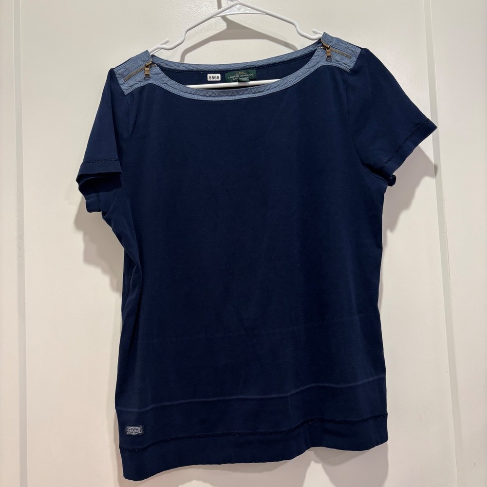Lauren Ralph Lauren Navy Blue Cotton Boat Neck Top Shoulder Zippers XL